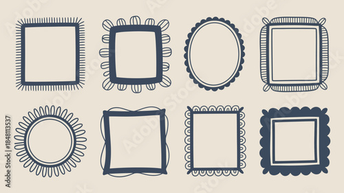 Hand drawn picture frame designs, blank templates for photo or text, decorative border illustrations