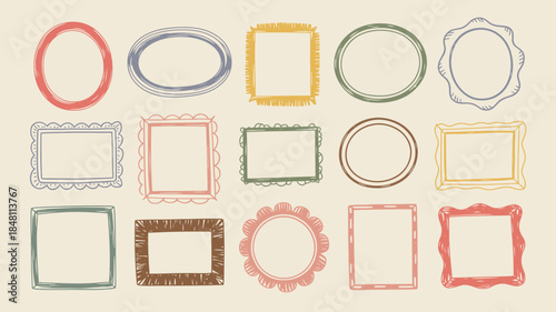 Hand-drawn picture frames in various colors and shapes on a beige background for photo or text placement.