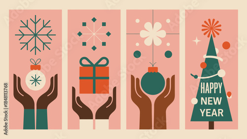 Diverse hands holding Christmas ornaments and gifts on pink background