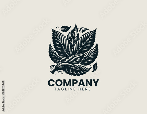 Vintage tobacco leaves are illustrated as a classic botanical emblem in a refined black vector logo illustration