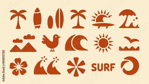 Surfing Icons and Symbols for Beach and Ocean Activities