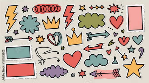 Colorful cartoon sticker set with hearts, stars, arrows, and more