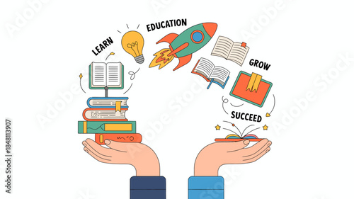 Education and Learning Concept with Hands Holding Books and Rocket Ship