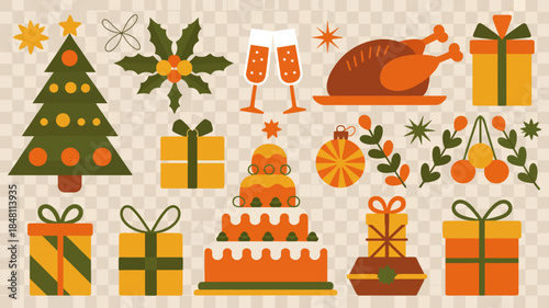 Christmas and Thanksgiving icons, festive symbols for holiday celebrations and decorations