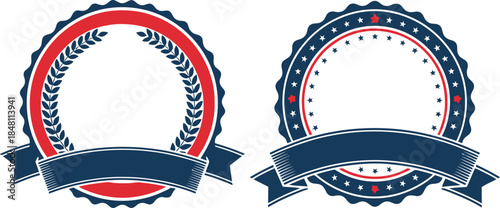 Patriotic Badge Pair Illustration – Laurel Wreath and Star-Dotted Circular Seals with Navy Ribbon Banners