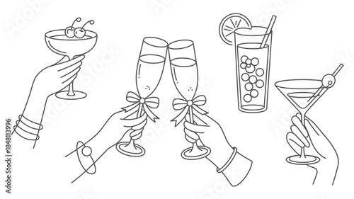 Hands holding various cocktail glasses with drinks and garnishes