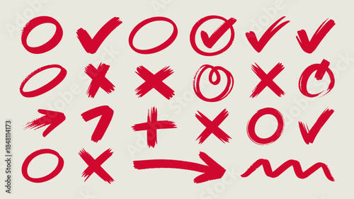 Handwritten Red Symbols and Checkmarks Collection