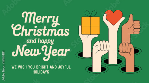 Merry Christmas and Happy New Year Wishes with Colorful Hands Holding Gift and Heart