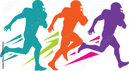 Stylized Football Player Silhouettes – Teal, Orange, and Purple Runners with Speed Lines for Sports Graphics