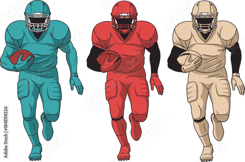 American Football Trio Illustration – Dynamic Runners in Teal, Red, and Beige Uniforms with Helmets and Gear