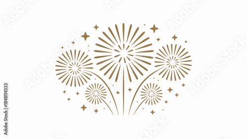 Golden Fireworks Explosions with Sparkling Stars on White Background