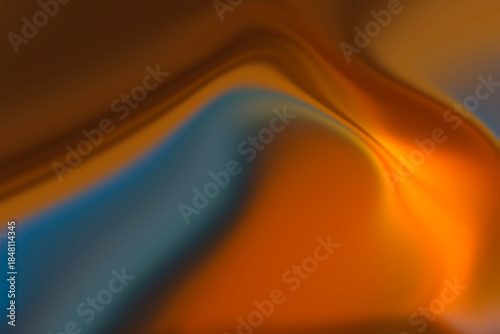 Abstract orange and blue liquid flow background. Smooth metallic gradient texture with curved waves representing fluid motion.