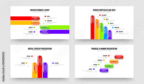 Consulting Launch Four Five Three Element Diagram Slideshow Design Vector Illustration Collection. Service Report 4 5 3 Option Infographic Presentation Layout Bundle.