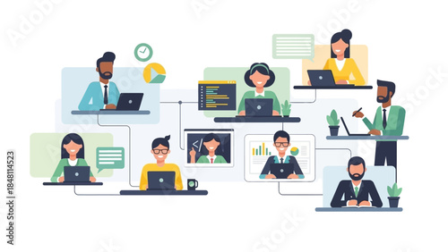 Collaborative Remote Workspace Illustration Depicting Diverse Professionals Engaged in Digital