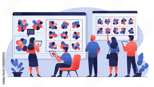 collaborative scientific analysis in a research lab with multiple researchers reviewing data