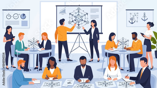 collaborative scientific research team developing molecular models in a modern laboratory setting