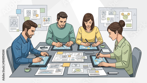 Collaborative team discussion and strategic planning in modern office environment