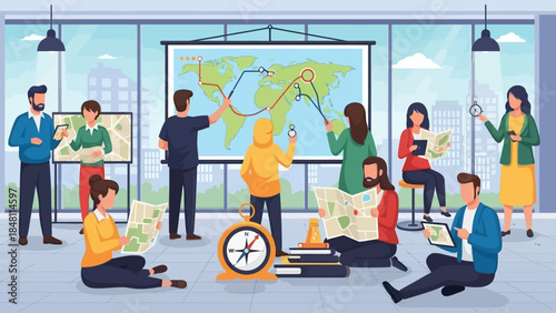 Collaborative team analyzing global data and creating strategic visualizations in modern office