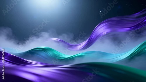 Abstract digital artwork featuring flowing waves in purple and teal hues, with smooth gradients and misty background. Ideal for modern design, decor, or tech aesthetics.