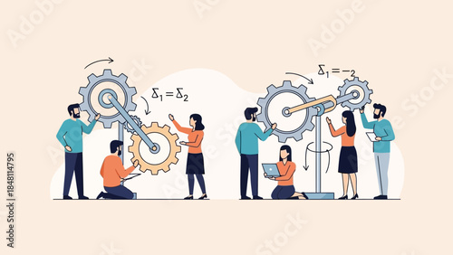 collaborative teamwork illustrating mechanical gears and engineering concepts for problem-solving