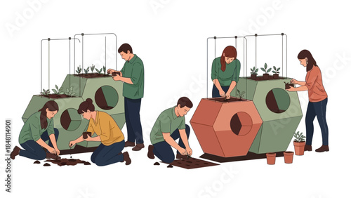 community gardening and urban plant cultivation involving diverse individuals engaging with