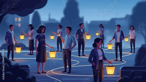 community gathering during nightime outdoor lantern festival with diverse people participating in