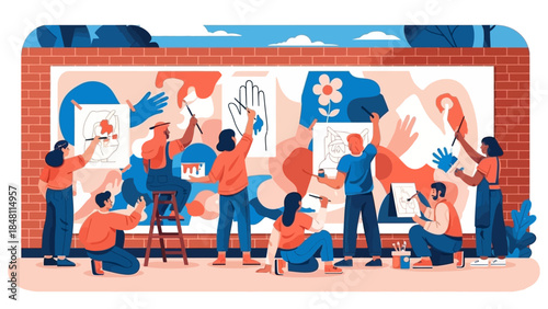 Community mural project with diverse artists collaboratively painting a vibrant outdoor wall