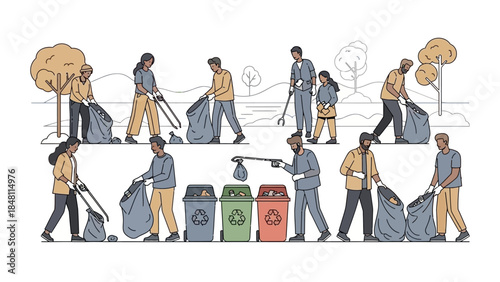 community park cleanup with diverse volunteers recycling waste amid trees and open space