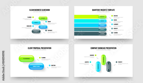 Company Launch 4 5 2 3 Element Infographic Presentation Template Bundle. Enterprise Growth Four Five Two Three Option Diagram Slideshow Layout Vector Illustration Collection.