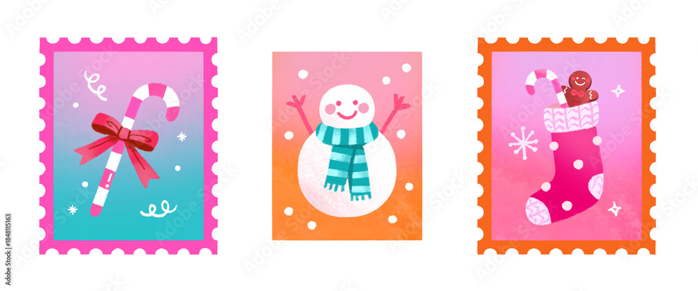 Obraz premium Cute Christmas postage stamp with socks gingerbread man and candy cane illustration