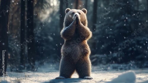 Serene yoga Bear Standing in Snowy Winter Forest with Meditative Pose, Surrounded by Falling Snowflakes. Video made using Generative AI.