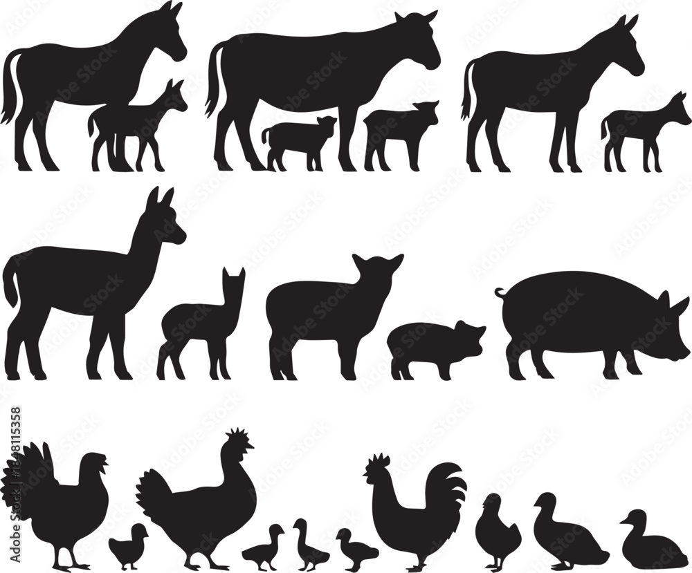 Naklejka premium Farm Animal Silhouettes Collection Illustration