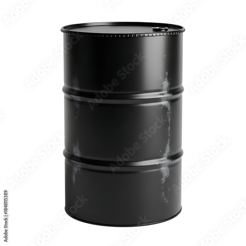 Black steel drum with chipped paint, cutout, PNG isolated on white or transparent background