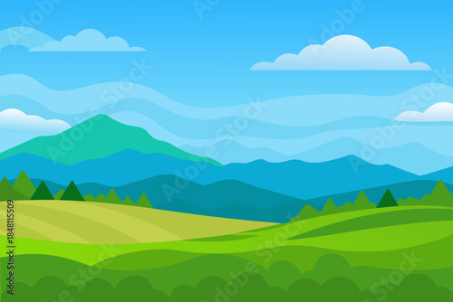 A stylized illustration of a serene mountainous landscape with rolling hills