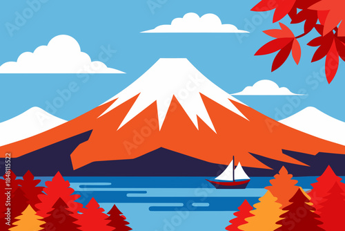 A scenic landscape of a mountain lake with sailboat and autumn trees