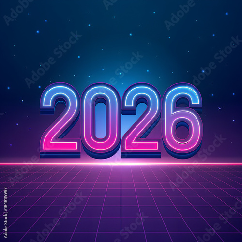 3D neon illustration of New Year celebration numbers and symbols