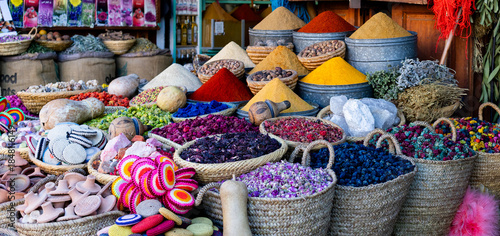 souvenirs and spices on the Jamaa el Fna market in old Medina, Marrakesh, Morocco