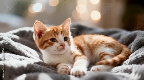 A charming orange tabby kitten with white fur rests on a soft gray blanket, appearing relaxed and adorable in a cozy indoor setting.