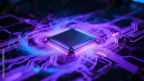 A close-up of a microchip on a circuit board with glowing neon circuits, symbolizing advanced electronics and digital technology.