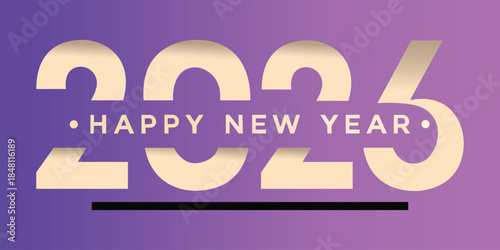 Happy New Year 2026 elegant gold typography on purple gradient background. Luxury paper cut style numbers for holiday celebration, seasonal greeting card, party invitation, and calendar banner.