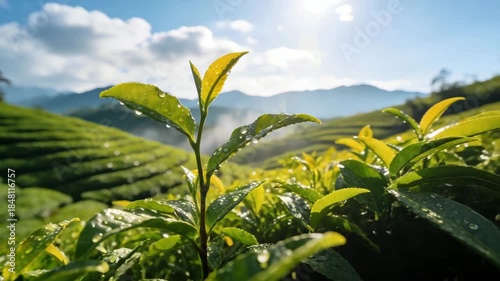 Lush green tea leaves with dew drops under sunlight, set against a misty mountainous tea plantation landscape with terraced fields, clear sky, and distant hills.