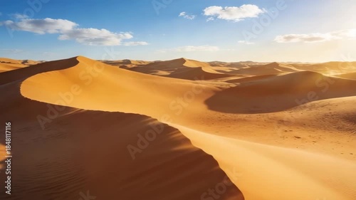 A vast expanse of golden sand dunes stretches under a bright blue sky with scattered clouds, showcasing the natural beauty and texture of the desert landscape.