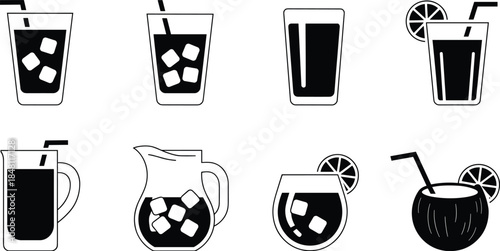 Assortment of Beverage Icons Including Glasses Pitcher and Coconut Keywords: drink, beverage, icon, glass, cup, pitcher, coconut