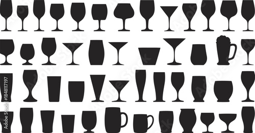 Assortment of Silhouette Drink Glasses and Mugs for Beverages vector illustration