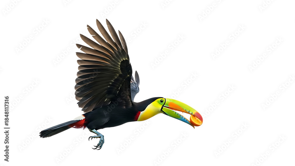 Fototapeta premium Toucan in flight with colorful beak, cutout, PNG isolated on white or transparent background