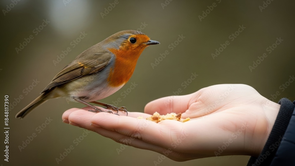 Obraz premium Bird feeding on human hand with blurred natural background