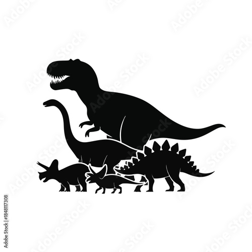 Dinosaur Family Silhouettes Set with Tyrannosaurus and Herbivores Vector