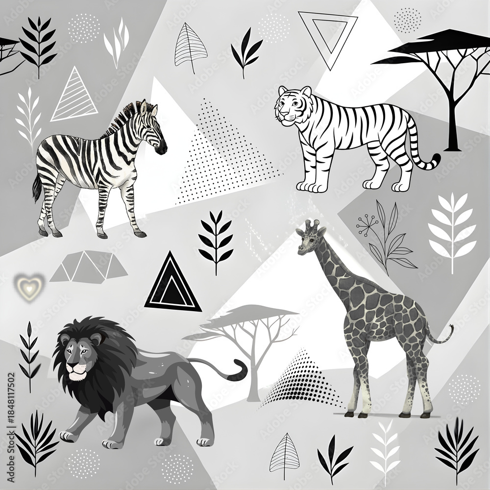 Obraz premium Stylized Safari Animals with Geometric Background, perfect for educational materials, children's designs, wall art, nursery decor, or adventure-themed branding