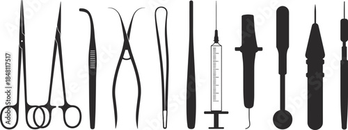 Collection of black silhouettes of surgical medical instruments on a white background tools equipment