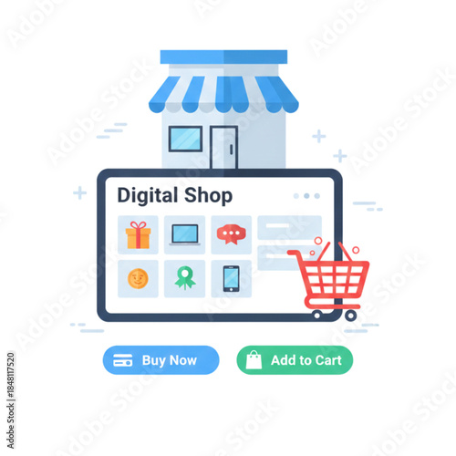 Digital shop storefront with shopping cart and buy now buttons